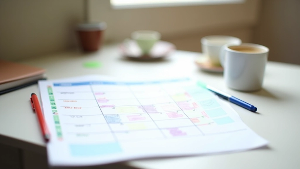 Calendrier d'emploi du temps avec des cases marquées pour les cours et les heures de travail, stylo à côté