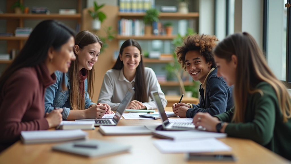 Groupe d'étudiants étudiant ensemble à la bibliothèque universitaire moderne