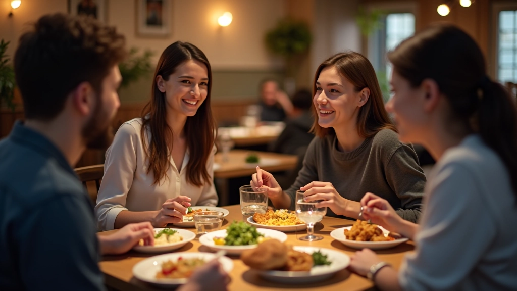 Table de restaurant avec plusieurs plats simples, amis riant et partageant le repas
