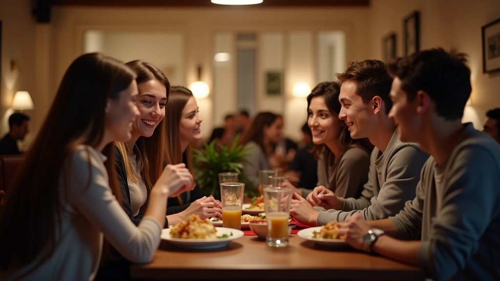 Groupe d'étudiants assis à une table de restaurant, discutant et partageant un repas avec des plats simples mais savoureux