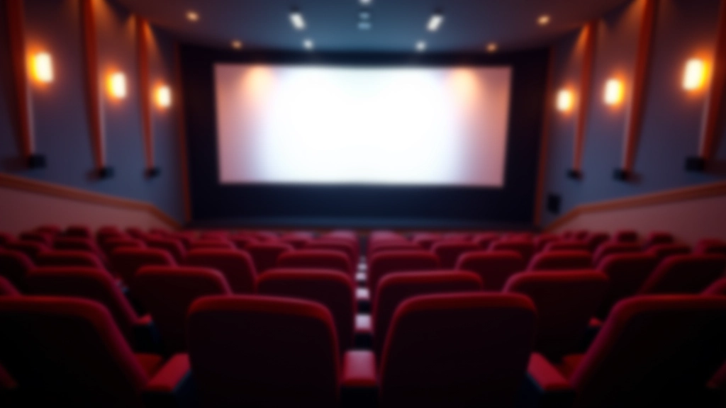 Intérieur d'une salle de cinéma avec rangées de sièges et écran allumé