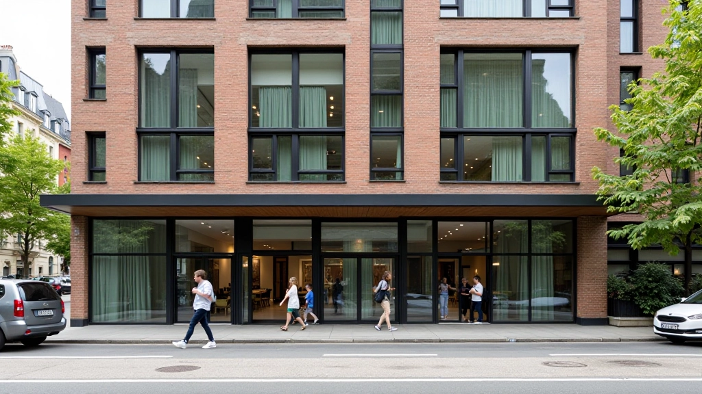 Façade d'un bâtiment résidentiel CROUS avec des étudiants entrant et sortant par la porte principale