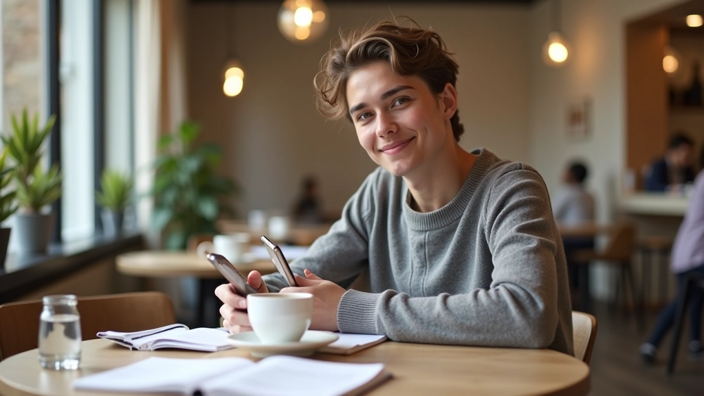 Étudiant regardant son téléphone et son agenda, assis dans un café avec ses livres