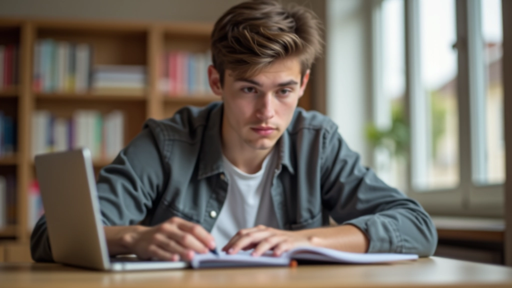 Étudiant remplissant un formulaire de demande CROUS sur un ordinateur portable à la bibliothèque universitaire