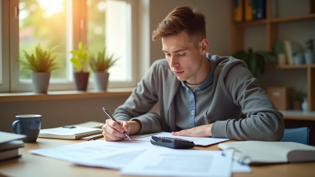 Étudiant travaillant sur la planification budgétaire avec documents et calculatrice