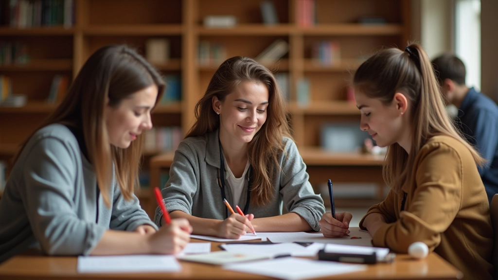 Groupe d'étudiants travaillant ensemble dans une bibliothèque, souriant et discutant de leurs horaires