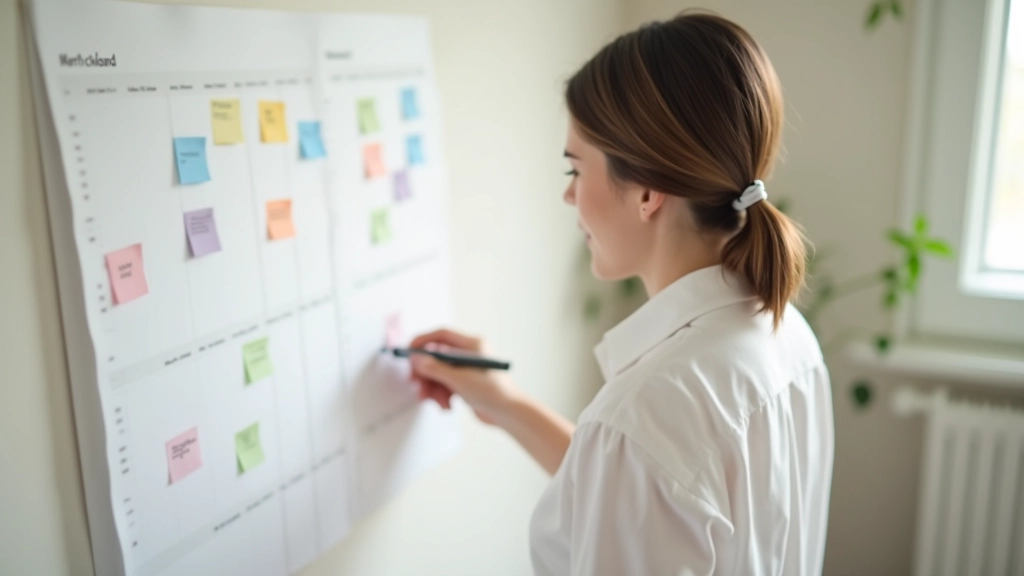 Personne planifiant son semaine sur un calendrier mural avec des codes couleur différents pour cours, travail et étude
