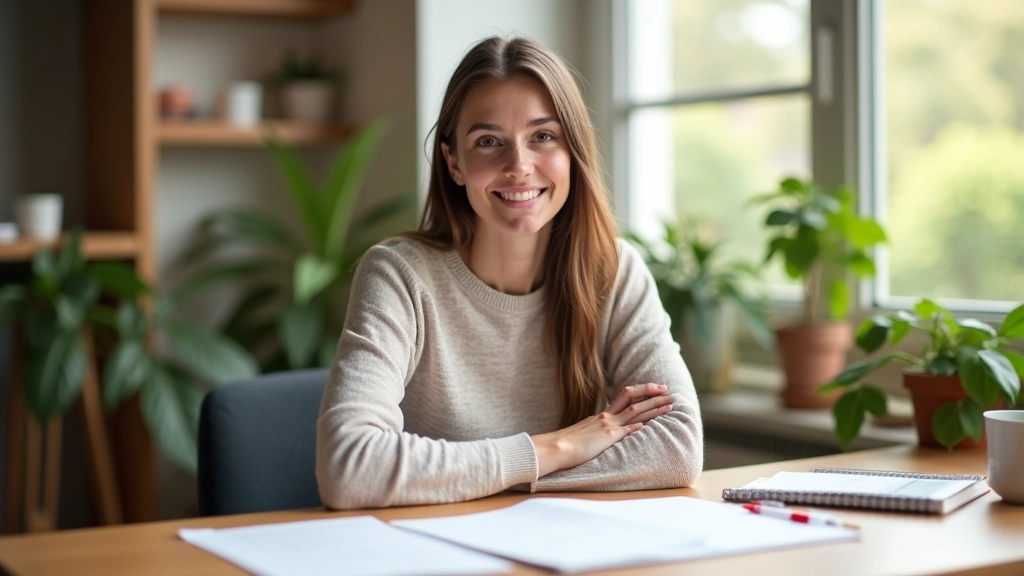 Marie Rousseau travaillant à son bureau avec des documents de budget et des notes, environnement professionnel lumineux avec des plantes