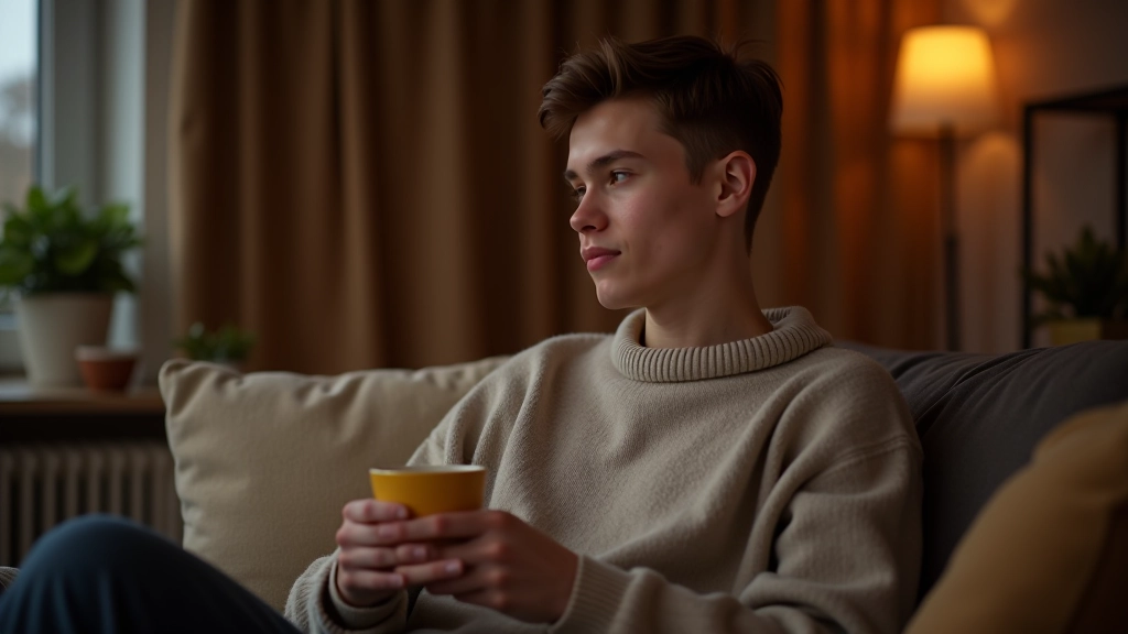 Étudiant se reposant à la maison avec une tasse de thé, l'air détendu après une longue journée