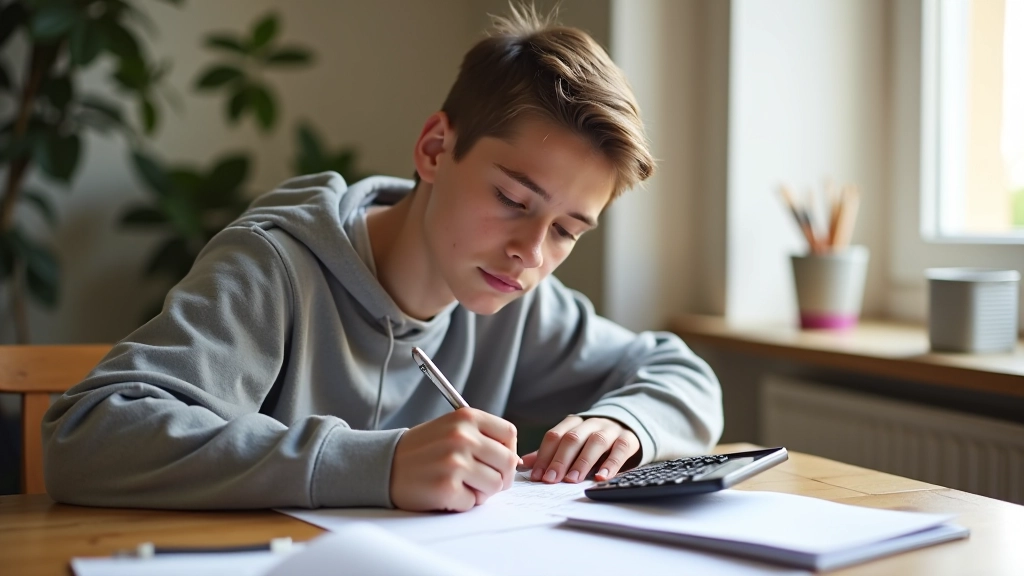 Jeune étudiant travaillant sur un budget mensuel avec un cahier et une calculatrice sur un bureau moderne