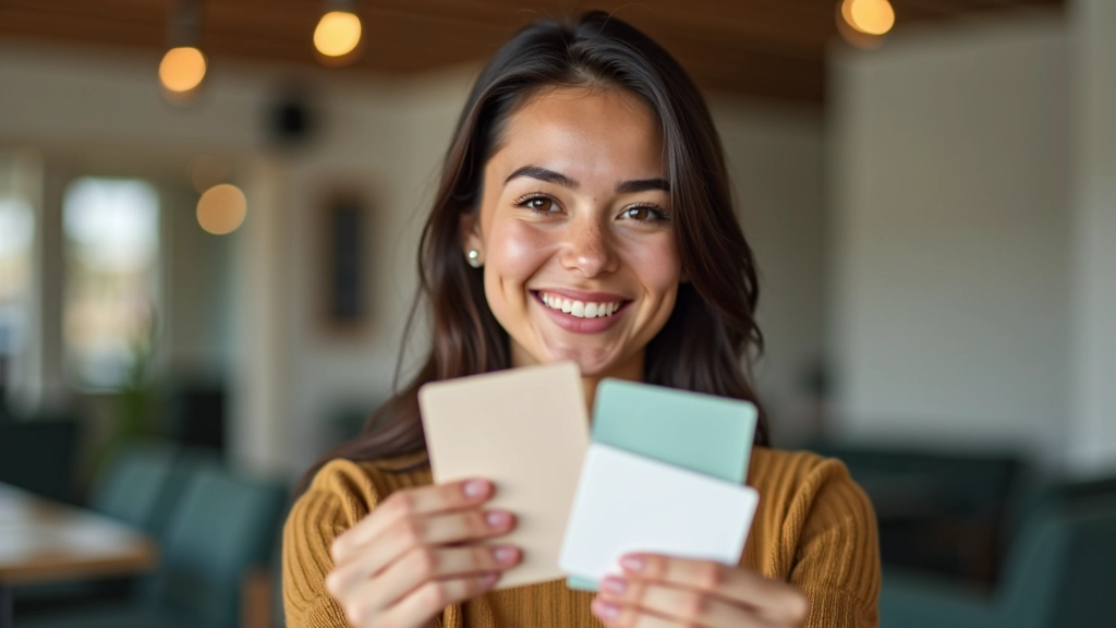 Étudiante tenant plusieurs cartes de réduction dans ses mains, souriant à la caméra